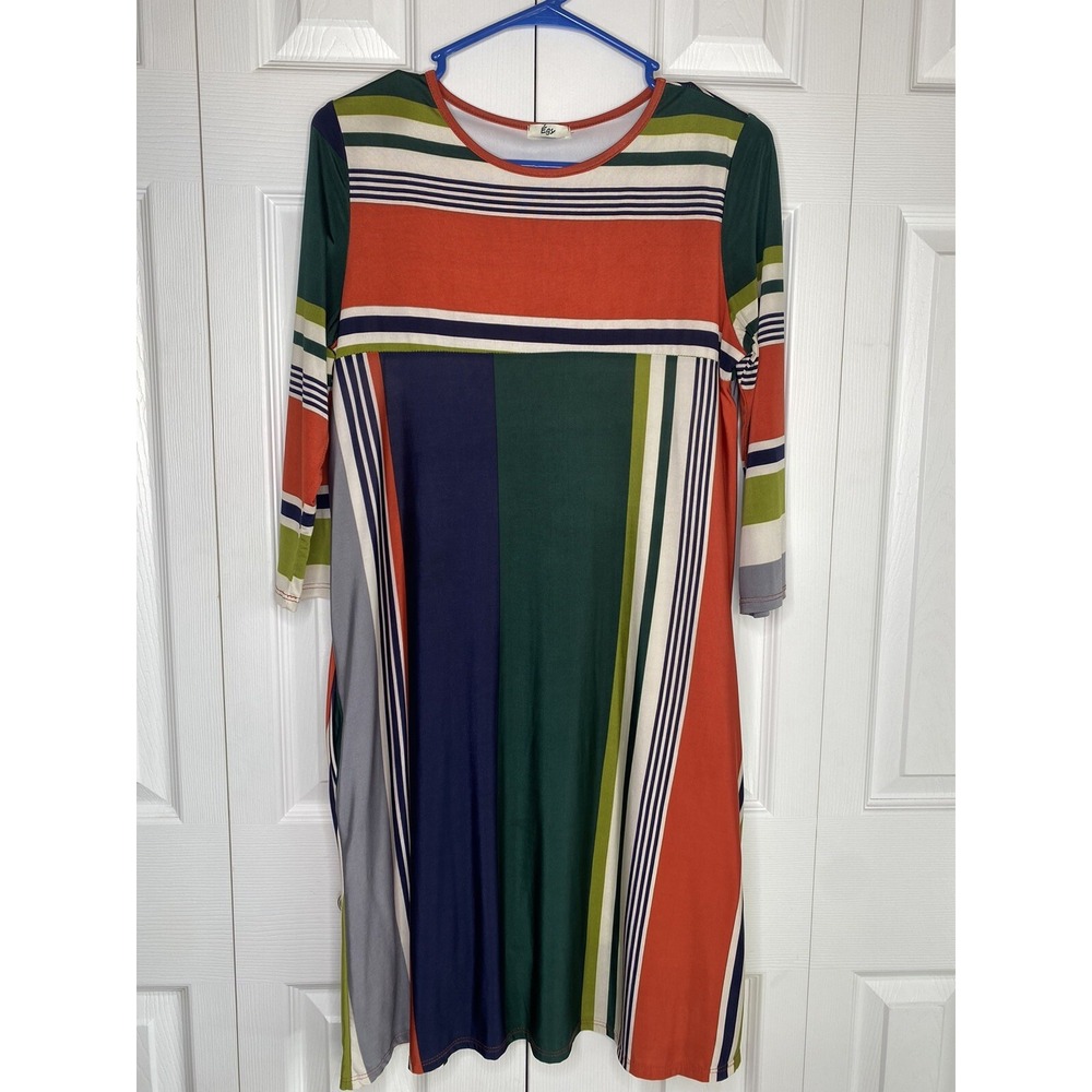 Tunic Shift Dress Vibrant Color Block Stripes Egy Knee Length Empire Waist Sz M